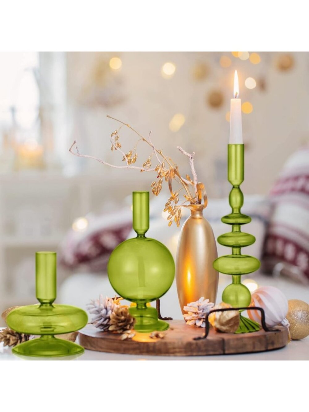 Set of 3 Elegant Green Glass Candle Holders - Stylish Home Decor Accent - Picture 2 of 7